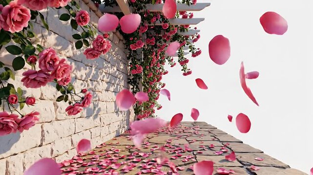 Enchanting sunlit stone pathway lined with climbing pink roses under a floral arch