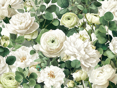 Top view of a symmetrical, densely arranged flowerbed with white roses, ranunculus, peonies, and garden roses Eucalyptus greenery is interspersed White, green color palette with soft - AI-Generated
