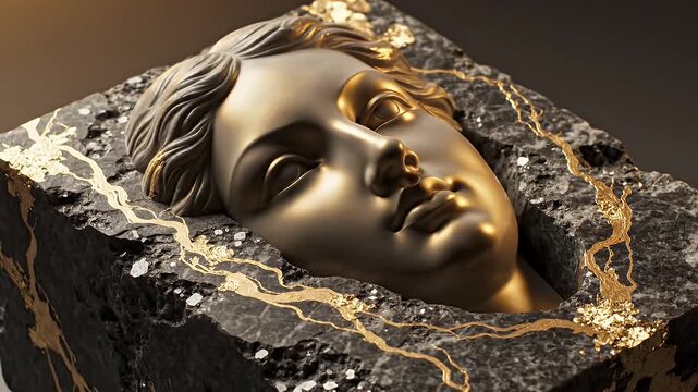 Enigmatic golden bust emerging from a dark marble block with shimmering gold veins
