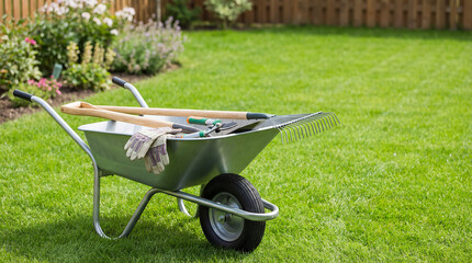 Obraz premium Wheelbarrow Filled with Gardening Tools on Freshly Cut Lawn
