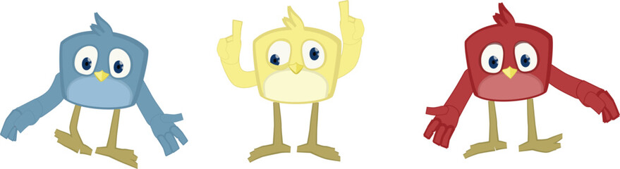 Three cute colorful monster characters blue yellow red jumping happy cartoon creatures isolated on white ideal for fun kids toy mascot group illustration vector clipart sticker designs. © Esmee Jansen