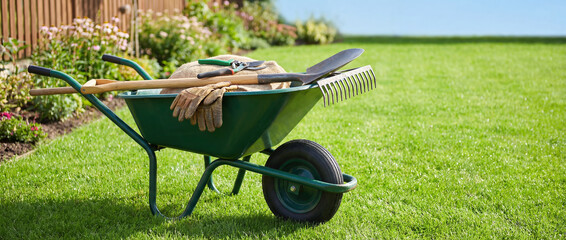 Obraz premium Wheelbarrow Filled with Gardening Tools on Freshly Cut Lawn