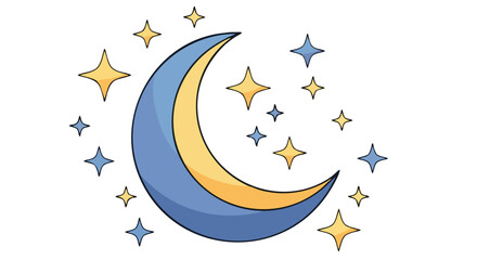 Illustration of a Ramadan crescent moon surrounded by colorful stars and a Ramadan mosque silhouette in the background with warm, celebratory tones.
