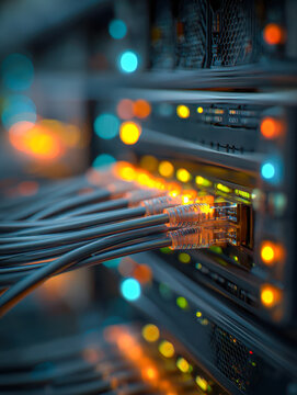 Illuminated ethernet cables plugged into a data center switch with glowing indicator lights creating a vibrant technology and connectivity atmosphere