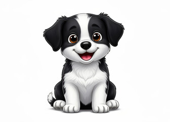 Fototapeta premium Happy black and white cartoon puppy sitting upright, smiling with pink tongue, fluffy chest, cute illustration for kids, joy and friendship