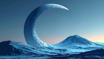 Icy Crescent Moon in Frozen Arctic Landscape, Surreal Winter Fantasy