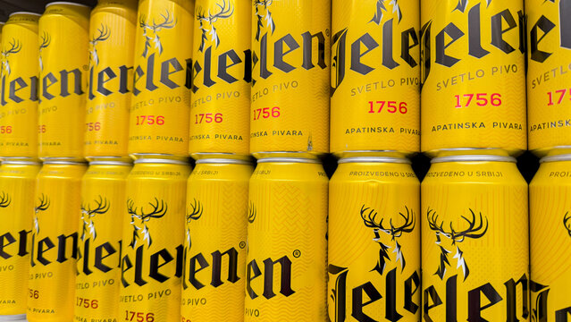 Golden cans of Jelen beer line up like a team of jubilant stags, ripe for Oktoberfest revelry and harvest moon gatherings September 5 2025, Subotica, Serbia