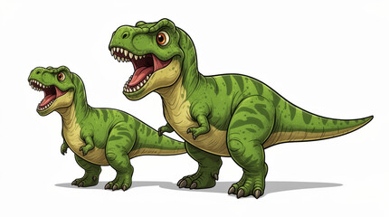 Obraz premium Playful Green and Yellow Tyrannosaurus Twins Roaring Together on White Background, Symbolizing Joyful Creativity and Childlike Imagination