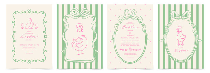 Easter greeting card set in vintage style with whimsical hand drawn goose, chickens, egg, bows, bunny, ribbon frames and typography design. Vector template for invitation, poster, cover, menu © Svitla