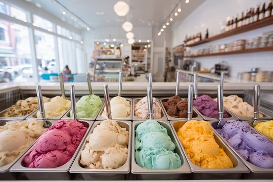 Detailed display of brightly colored gelato flavors in metal trays inside a modern, clean ice cream parlor, concept for summer menu promotion, dessert advertising and food service business
