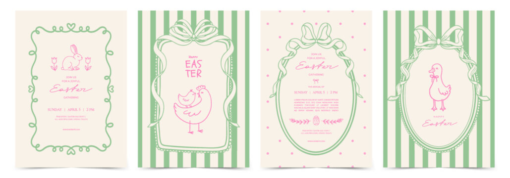 Easter greeting card set in vintage style with whimsical hand drawn goose, chickens, egg, bows, bunny, ribbon frames and typography design. Vector template for invitation, poster, cover, menu