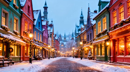 Fototapeta premium Enchanting Snow-Covered Cobblestone Street with Colorful Fairytale Buildings and Distant Castle under Festive Lights