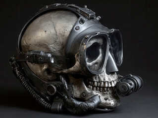 Fototapeta premium Artwork depicts a skull integrated with a metallic scuba mask, resembling armor or protective gear The piece is dark and metallic, with numerous rivets and panels, against a simple, da - AI-Generated