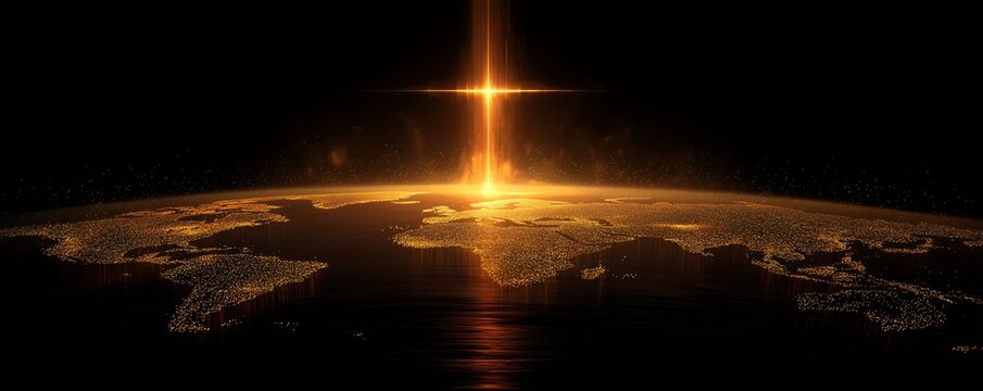 Golden cross light beam rising from digital global map representation of city lights against dark night sky, concept for spiritual media, global broadcasting and inspirational advertising campaigns