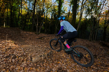 Naklejka premium Autumn Forest Mountain Bike Rider Navigates Leaf-Covered Trail With Energy and Focus