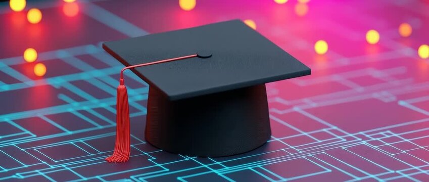 Black graduation cap with red tassel rests on  glowing blue circuit board surface with pink  lights