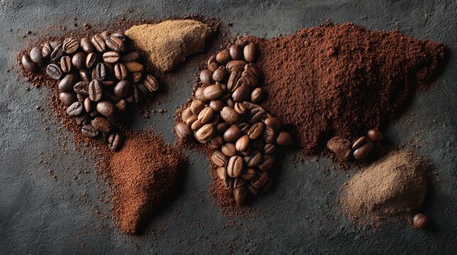 World map shaped with coffee beans and ground coffee on dark surface.