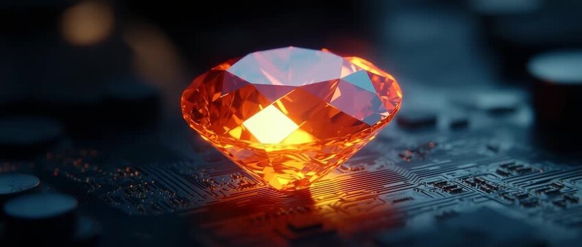 Glowing orange gemstone resting on  dark electronic circuit board with dramatic lighting