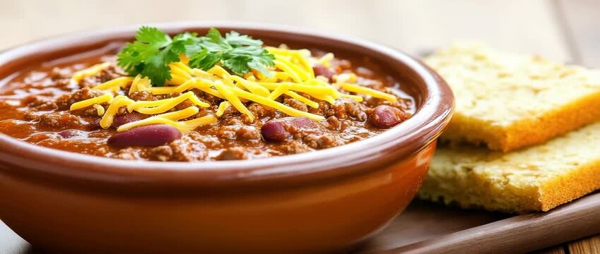 Hearty chili con carne in  brown bowl topped with shredded cheese kidney beans and cilantro garnish next to cornbread