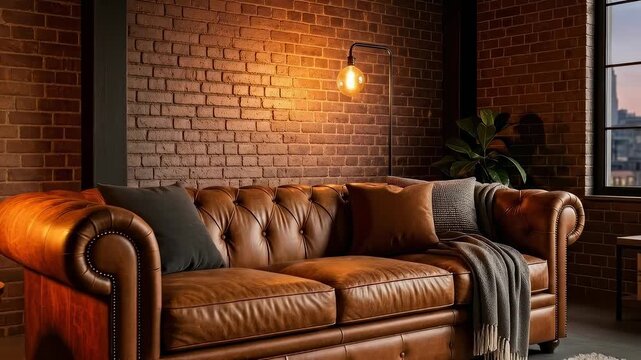 Cozy urban living room ambiance with leather sofa and brick walls at sunset