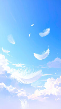 青空を舞う白い羽の幻想的な背景素材 爽やかで自由なイメージ