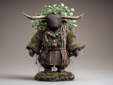A sculpture of a large, aged ox-humanoid with horns, adorned with plants and branches, standing on a gray background The figure is dressed in ochre and green garments, wearing bone tal - AI-Generated