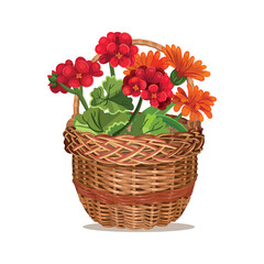 Spring wicker basket with flowers. Happy Easter, Mother's Day.