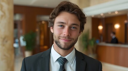 Fototapeta premium A smiling professional man in a suit stands in a modern corporate lobby