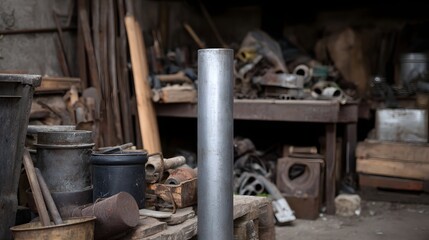 A solitary metal pipe stands upright in a cluttered dusty workshop filled with vintage industrial hinery and scrap materials