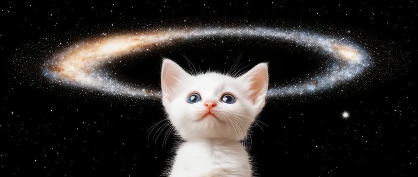 Adorable white kitten with blue eyes looking up at  glowing galactic spiral in deep space