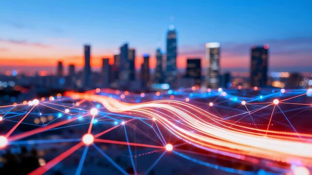 Digital data network over modern city skyline at dusk