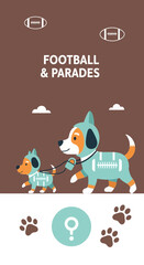 Fototapeta premium Charming Canine Duo in Football Attire Marching Along a Parade Route Under Cloudy Skies