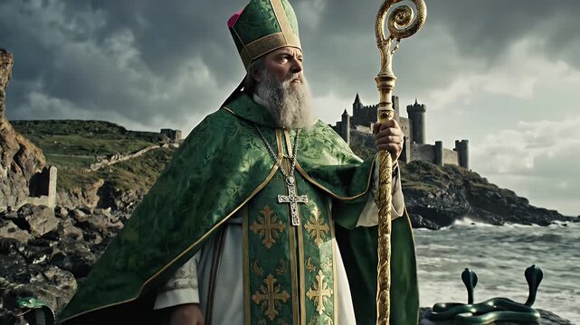 Green-robed religious figure wearing ceremonial vestments standing on rugged coastal rocks beside ancient castle ruins under a dramatic sky