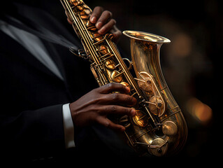Fototapeta premium Close-up of a golden alto saxophone being played by a musician in formal attire, against a dark backdrop, with warm, dramatic lighting and shallow depth of field - AI-Generated