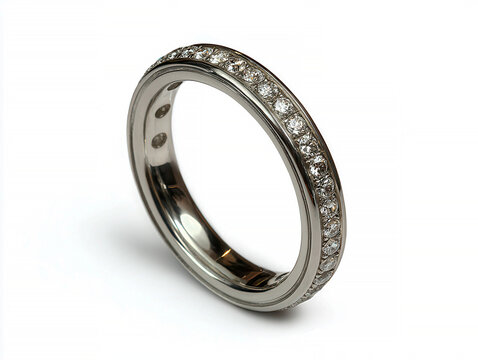 Close-up photo of a white gold or silver wedding ring, adorned with 2mm diamonds in two symmetrical rows Plain background Product-focused style - AI-Generated
