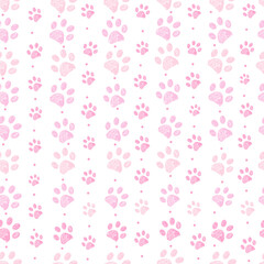 Fototapeta premium Pink colors paw prints background. Seamless fabric design pattern