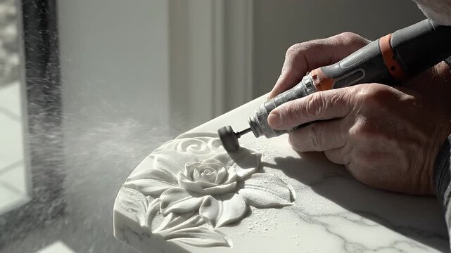 Intense close-up of a sculptor carving a white marble bust with chisel and mallet in a sunlit studio