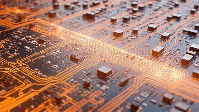 Electronic circuit board with microchips and warm orange lighting