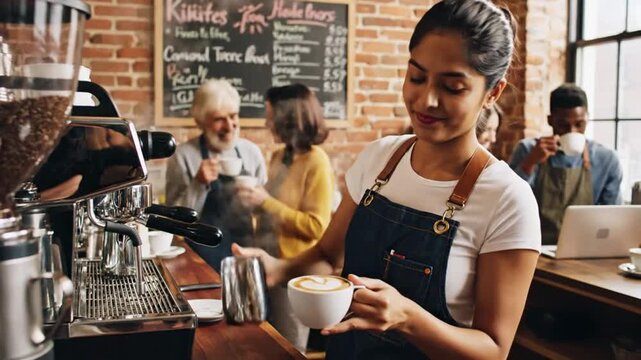 Female barista pouring milk into coffee in busy cafe