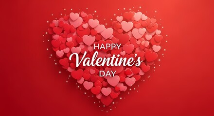 Valentine's Day heart shape made of red paper cutout hearts with happy message on red gradient background romantic celebration