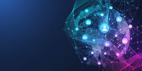 Global network connection concept. Big data visualization. Social network communication in the global computer networks. Internet technology. Business. Science. Vector illustration