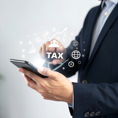 Government Tax and Vat concept. Businessman using smartphone to complete Individual income tax return form online