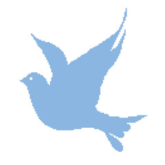 Blue dove made of pixels on a white background
