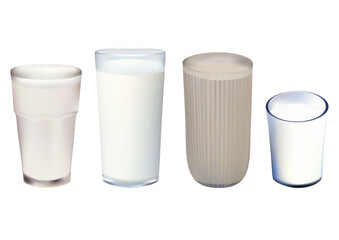 set of milk drinks in glass cups