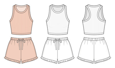 Soft Girl Ruffle Hem Lounge Set Technical Fashion Illustration. Cropped Tank Top and Drawstring Shorts Co-Ord. Relaxed Fit Summer Loungewear. Front and Back View. Melon peach color. CAD Vector Mockup.
