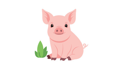 Fototapeta premium Small pink piglet sits next to a tuft of green grass on a white background in a friendly and cute character design for kids.