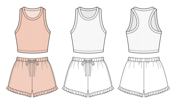 Soft Girl Ruffle Hem Lounge Set Technical Fashion Illustration. Cropped Tank Top and Drawstring Shorts Co-Ord. Relaxed Fit Summer Loungewear. Front and Back View. Melon peach color. CAD Vector Mockup.