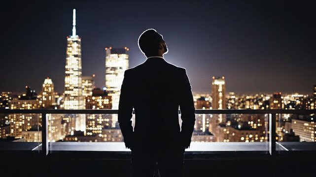 A businessman stands on a rooftop overlooking the city skyline at night with illuminated skyscrapers and urban landscape