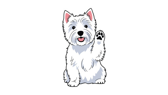 Adorable white west highland white terrier dog sitting and waving its paw with a happy facial expression in a cartoon vector style.