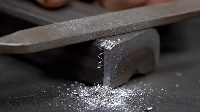 Detailed view of a metal file abrading a solid metal object, generating numerous metallic particles.